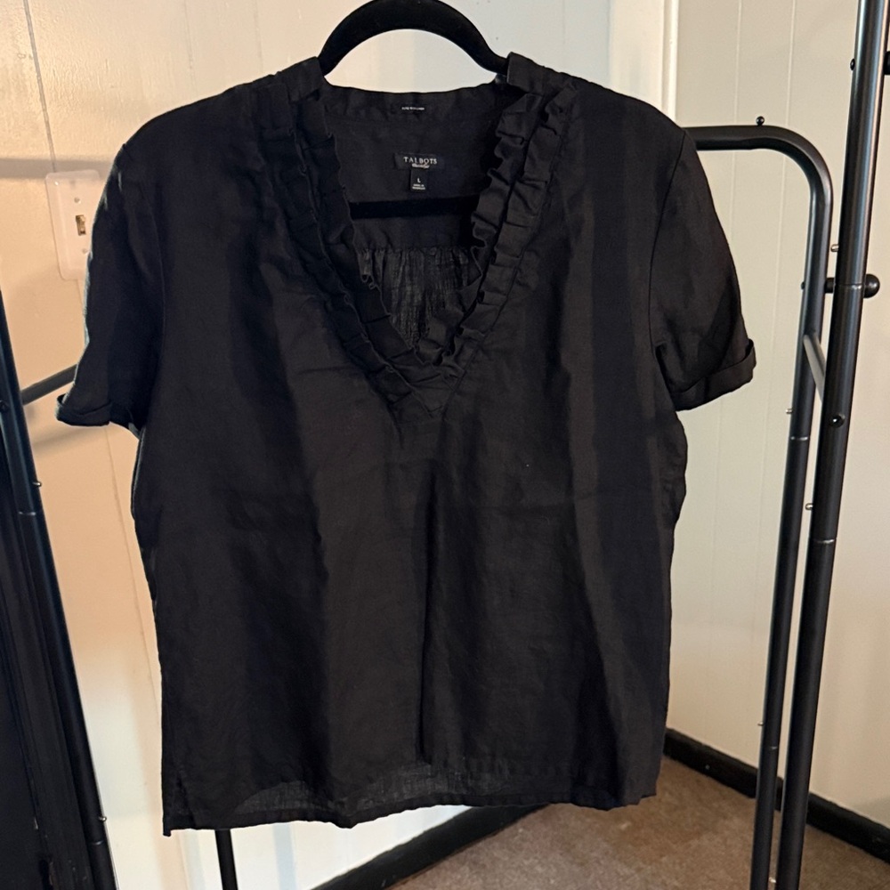 Talbots Linen Black Ruffle V-Neck Short Sleeve Top size L